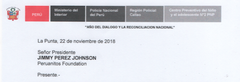 CARTA DE AGRADECIMIENTO DEL CENTRO PREVENTIVO DEL NIÑO Y DEL ADOLESCENTE N° 2 – LA PUNTA